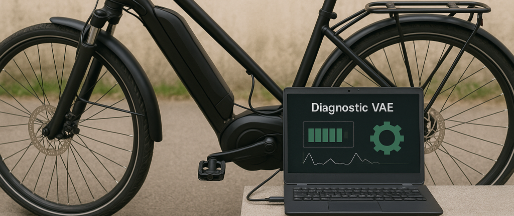 Ordinateur branché a un vélo a assistance électrique pour diagnostic